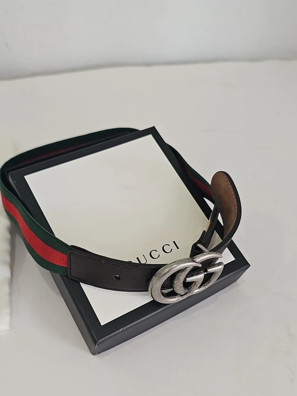 Gucci kids belt GG Logo Red Green Elastic Brown Leather HAENN S . 214452